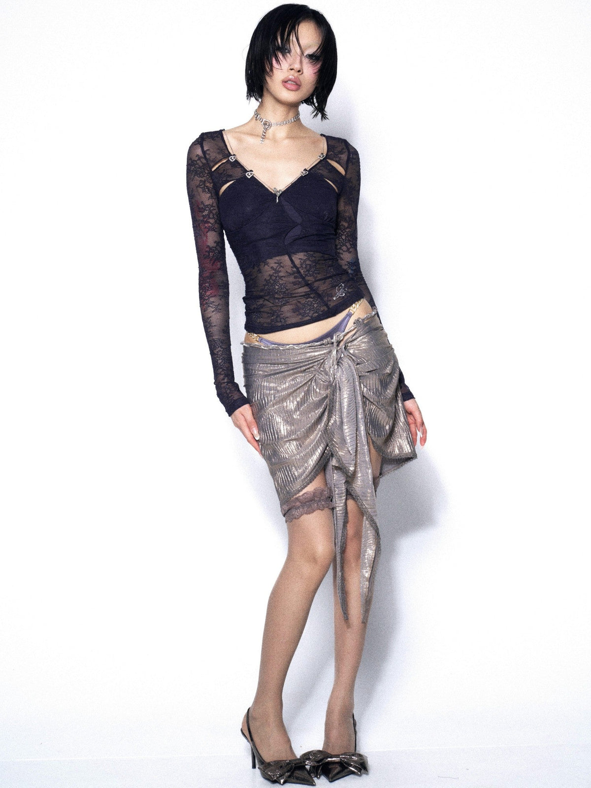 Champagne Foil Pleated Asymmetric Tie Front Slit Women'S Polyester Mini Skirts