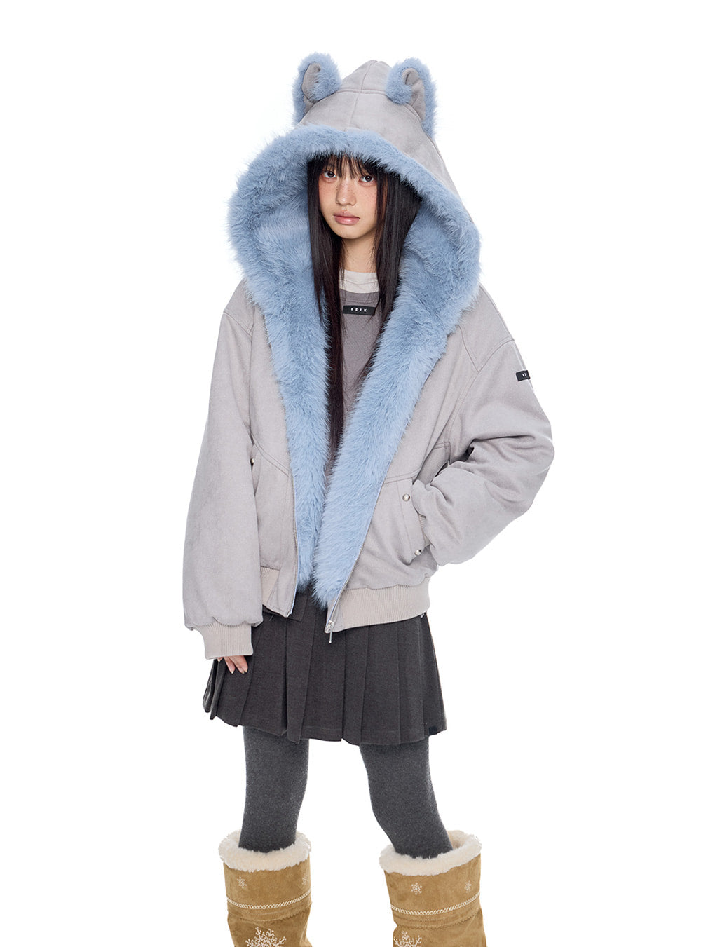 Cat Ear Fur Trim Bomber Jacket (4color)
