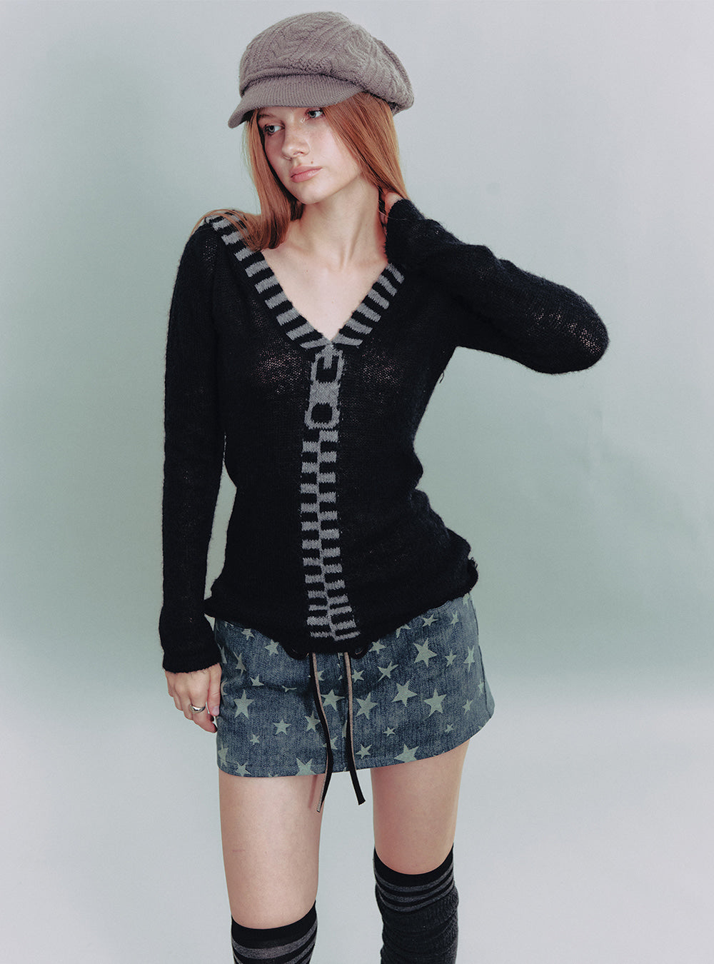 Black Contrast Zip Jacquard Knit Top