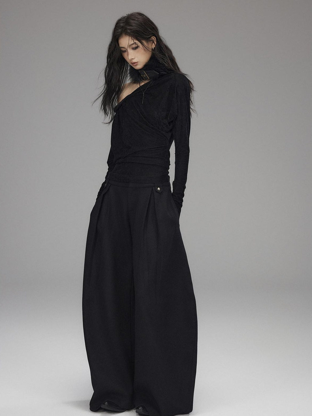 Black Wool Blend Low Rise Zipper Casual Straight Hem Women Wide Leg Pants
