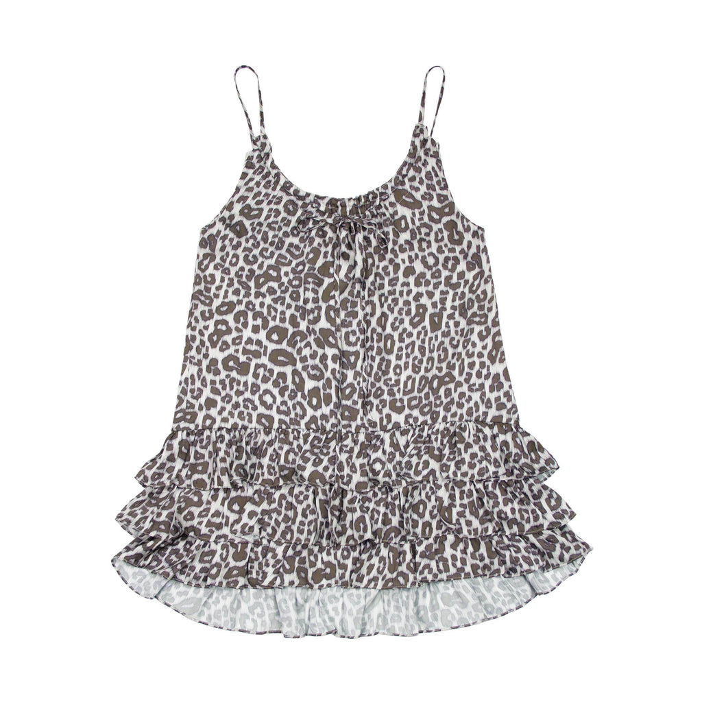 Leopard Print Ruffle Hem Adjustable Straps Women'S Polyester Slip Midi Dresses