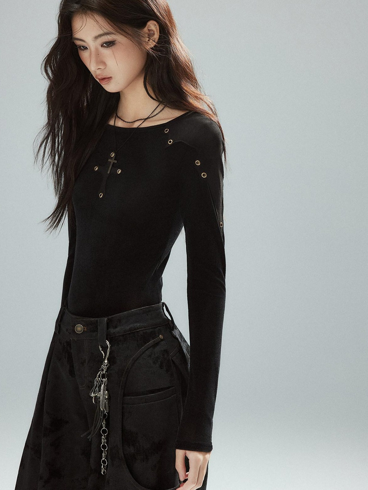 Slim Fit Patchwork Casual Crewneck Black Stretch Young Women Long Sleeve T-Shirts