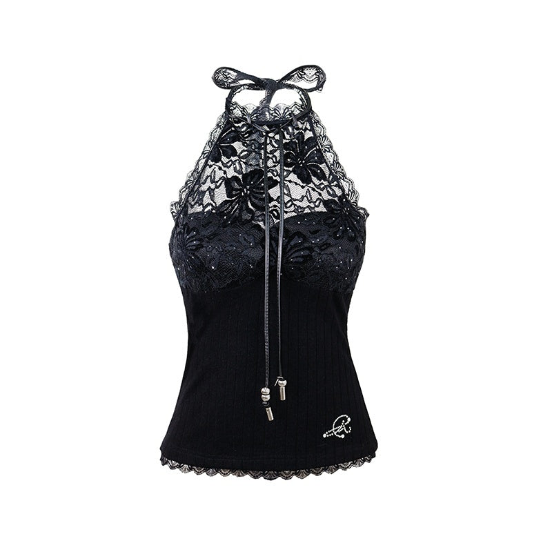 Floral Lace Halter Strappy Slim Women'S Lace Knit Cropped Tank Tops
