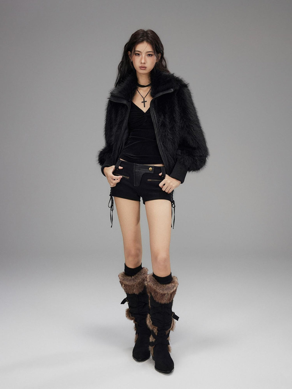 Warm Thick Black Sexy Slim Fit Spandex Zipper Lapel Women Cropped Jackets