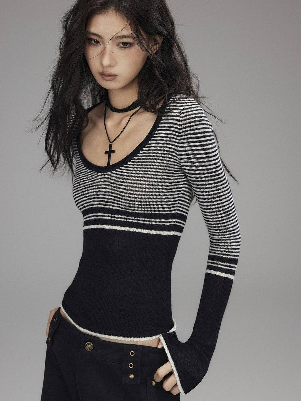 Soft Acrylic Slim V-neck Striped Casual Women Everyday Long Sleeve T-Shirts