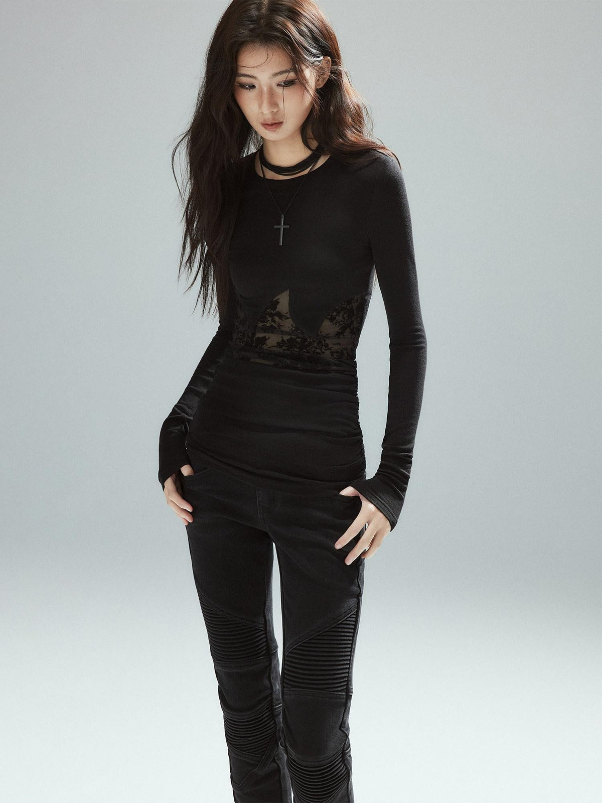 Asymmetrical Patchwork Slim Streetwear Black Lyocell Long Sleeve T-Shirts