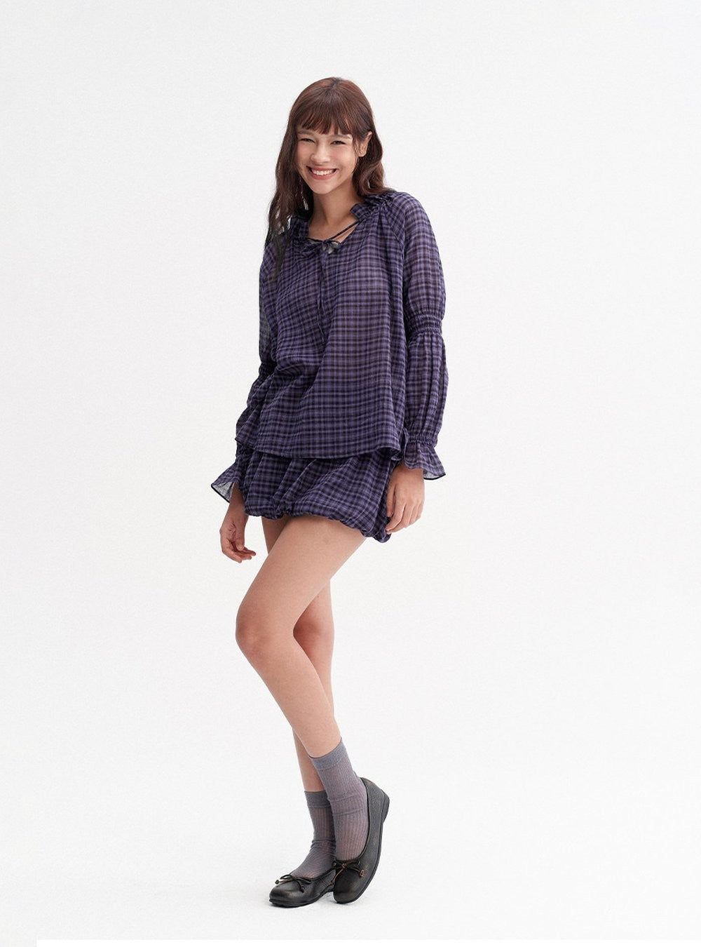 Plaid Drawstring Balloon Top & Skirt