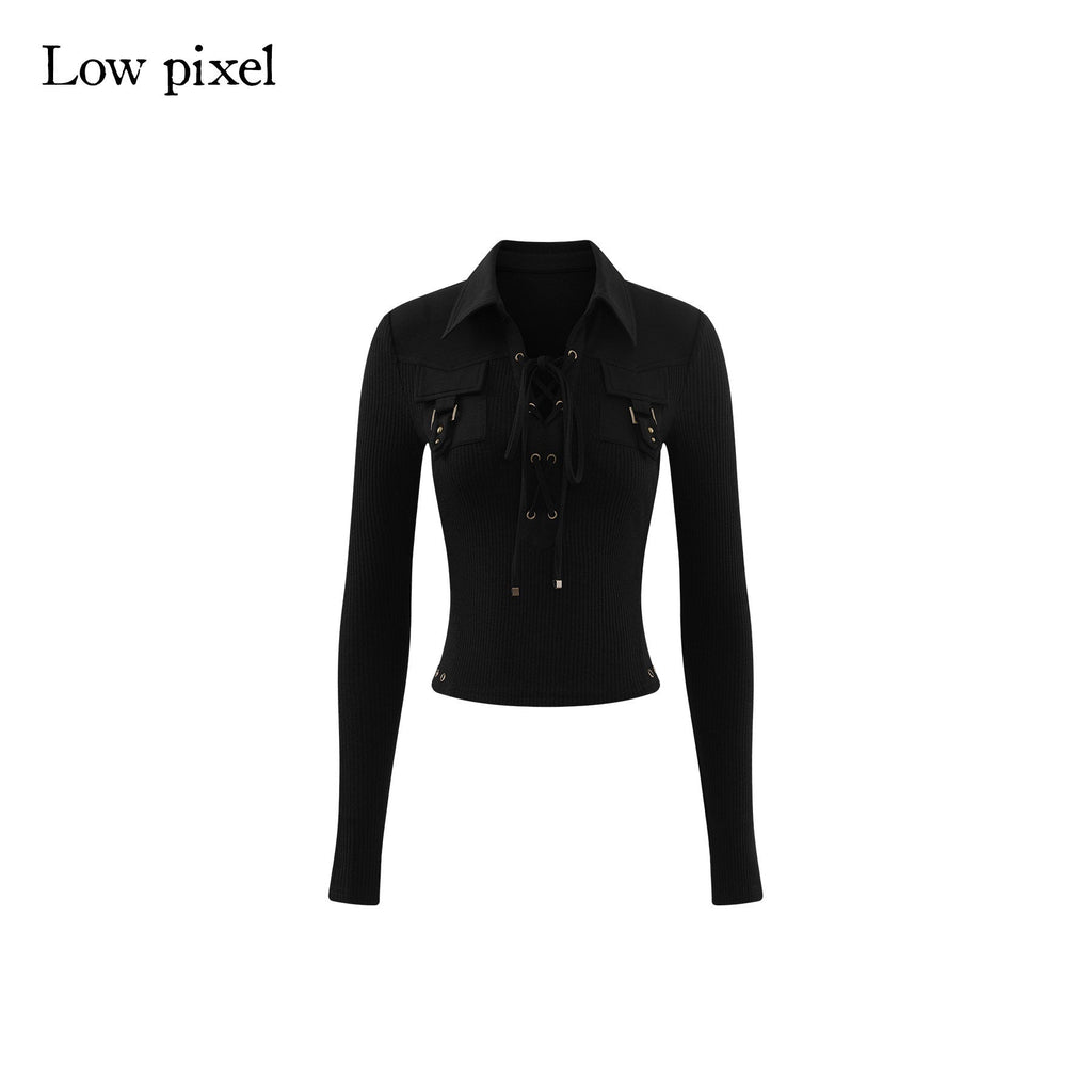 Breathable Drawstring Waist Slim Street Style Women Black Long Sleeve T-Shirts