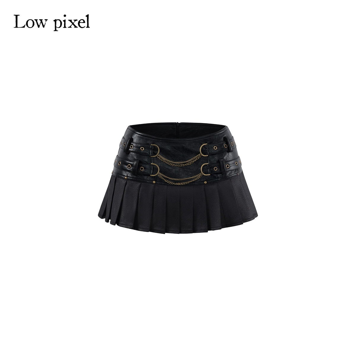Low Waist Pleated A Line Street Patchwork Chain Zipper Lined Black Mini Skirts