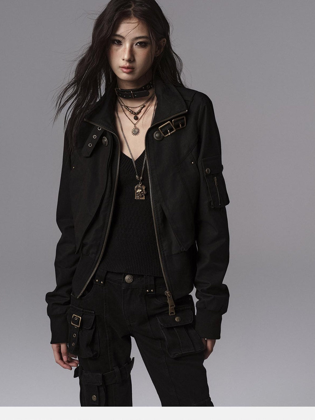Windproof Vintage Slim Metal Detail Women Cotton Lyocell Button Cropped Jackets