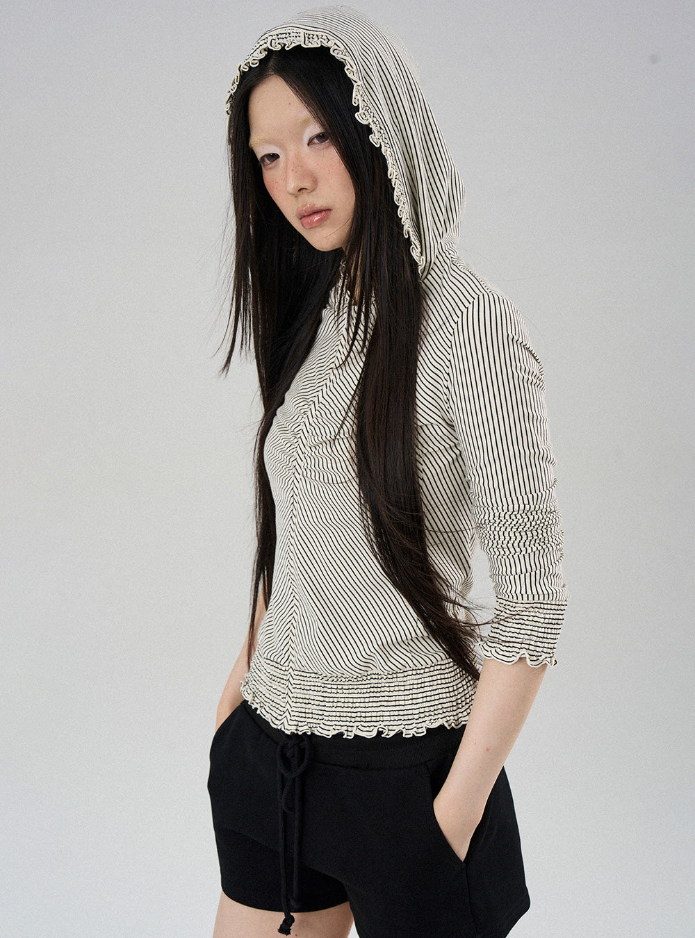 Lace Waist Shirring Stripe Zip-Up Hoodie (2color)