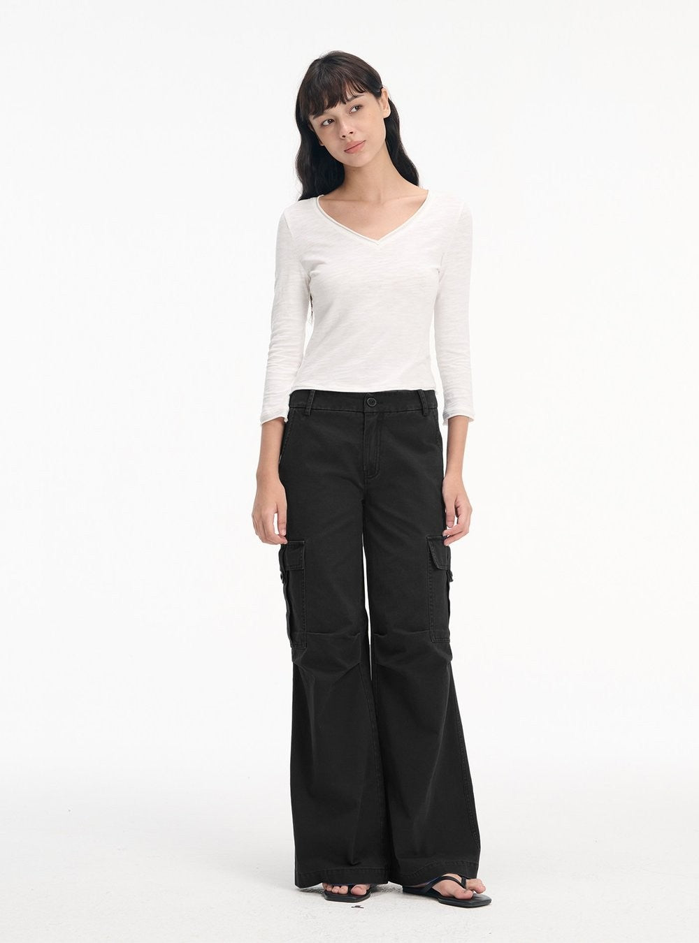 Slub Roll-Up V Neck Top (3color)
