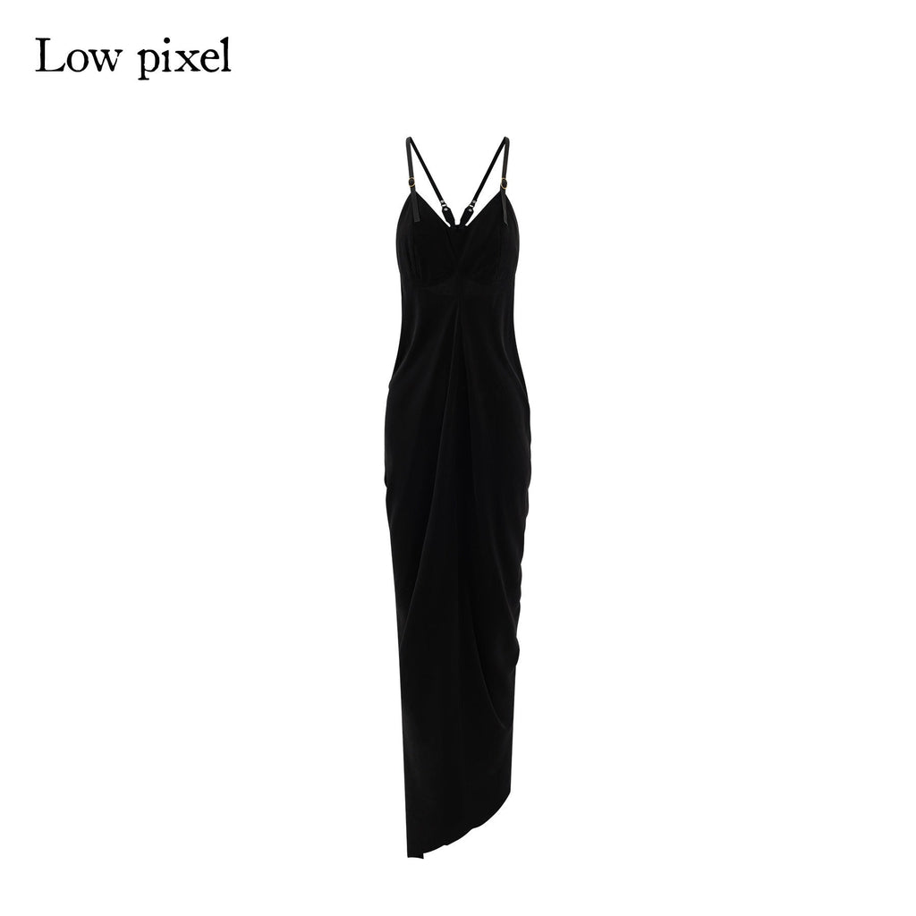 Pure Cupro Slim Fit Dark Gothic Vneck Camisole Women Black Zip Back Maxi Dresses
