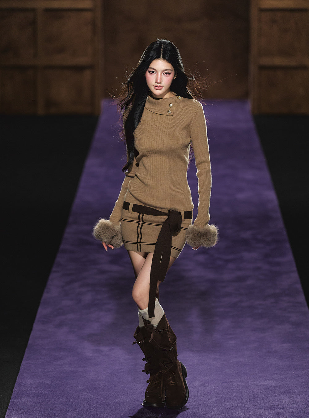 Mocha Furry Cuff Knit Dress