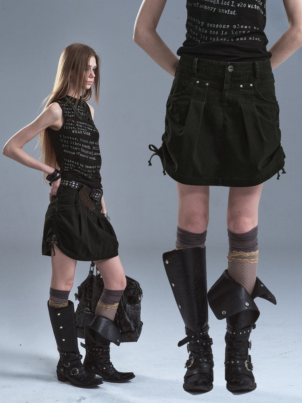 Dark Green Riveted Side Drawstring Split Lace Up Women'S Cotton Midi Skirts