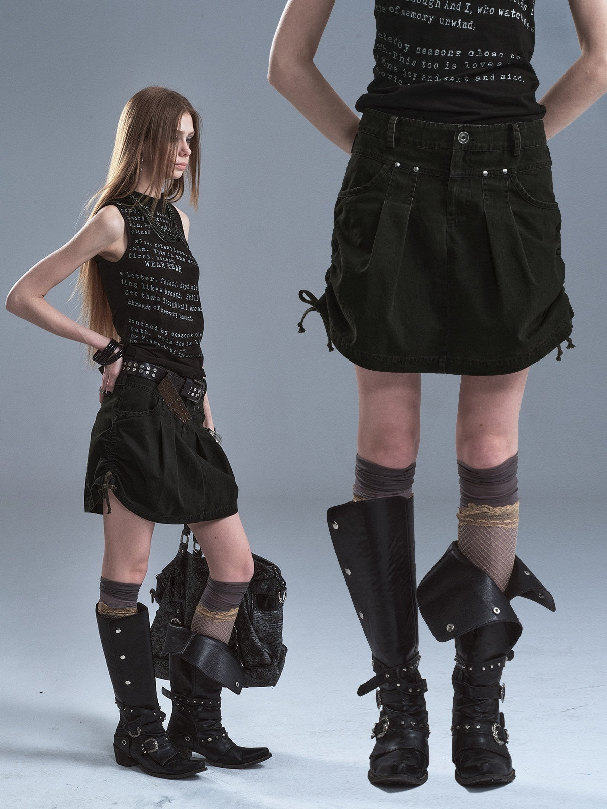 Dark Green Riveted Side Drawstring Split Lace Up Women'S Cotton Midi Skirts