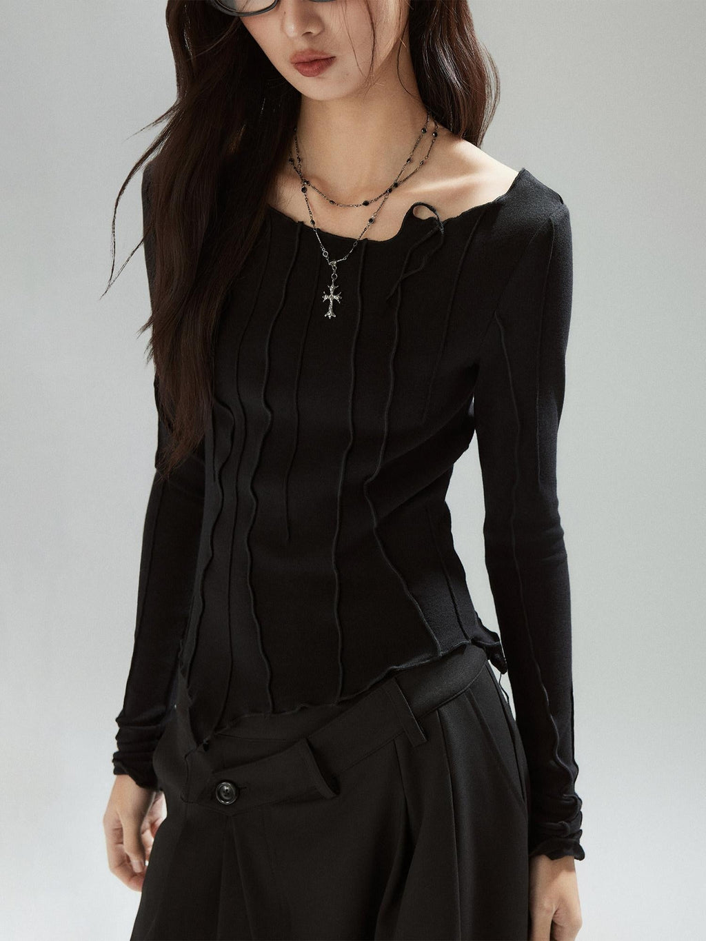 Patchwork V-neck Slim Street Girls Lyocell Black Long Sleeve T-Shirts