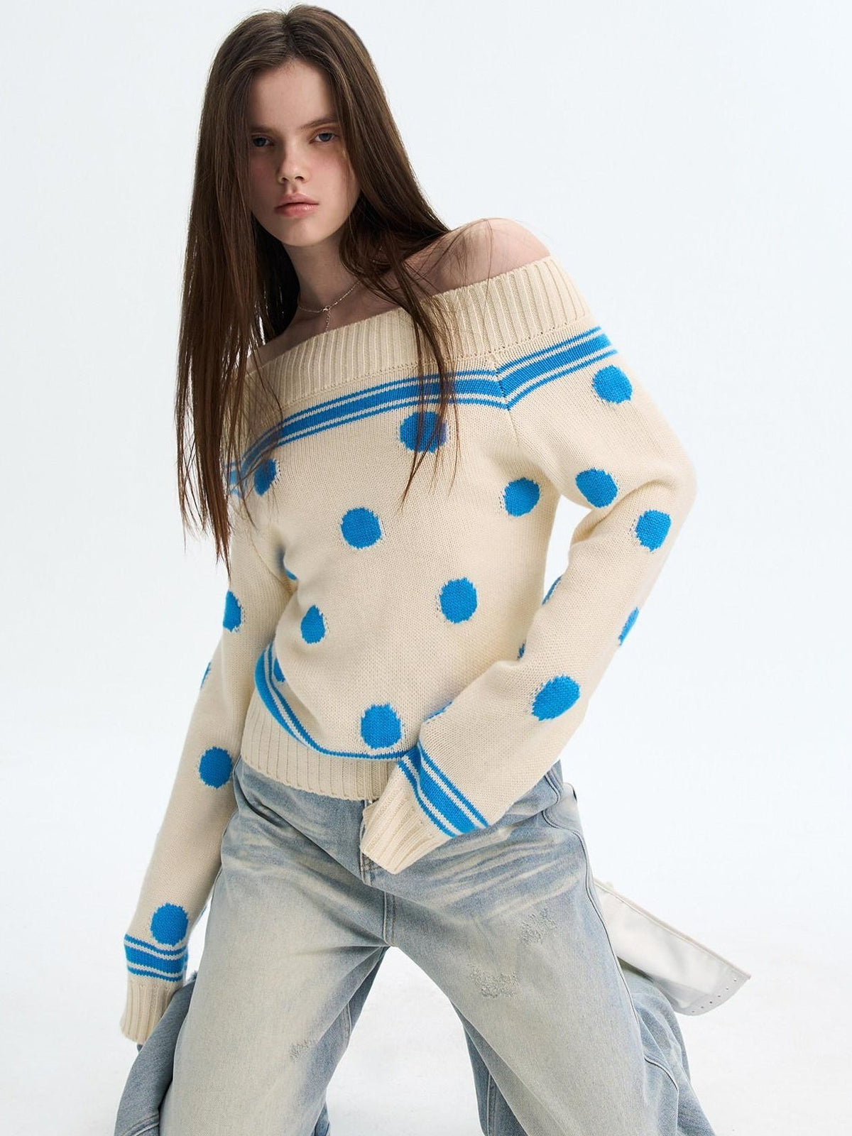 Cozy Thermal Acrylic Wool Polka Dot Boat Neck Relaxed Women Knit Sweaters