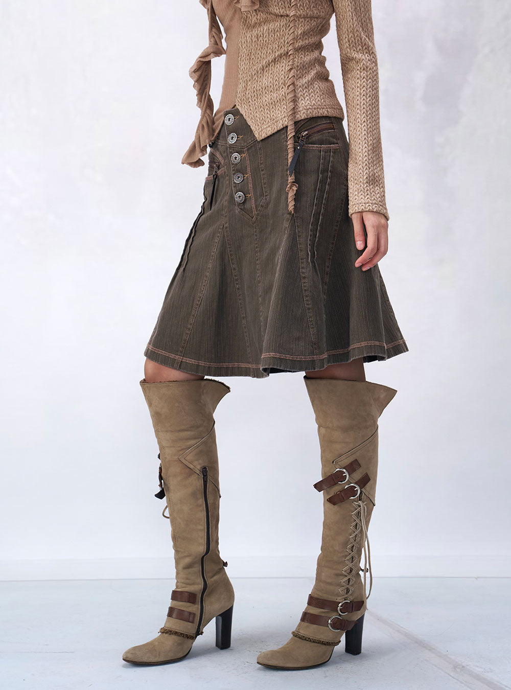 Brown Wash Stitch Denim Skirt