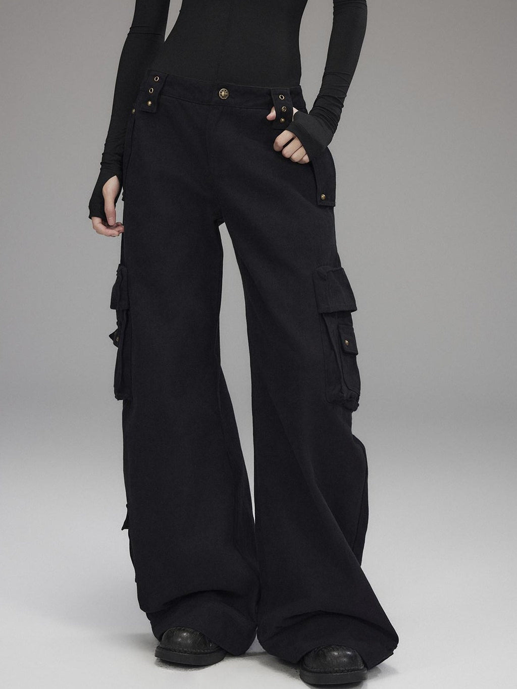 Washed Low Rise Wide Leg Utility Loose Fit Womens Black Cargo Pants