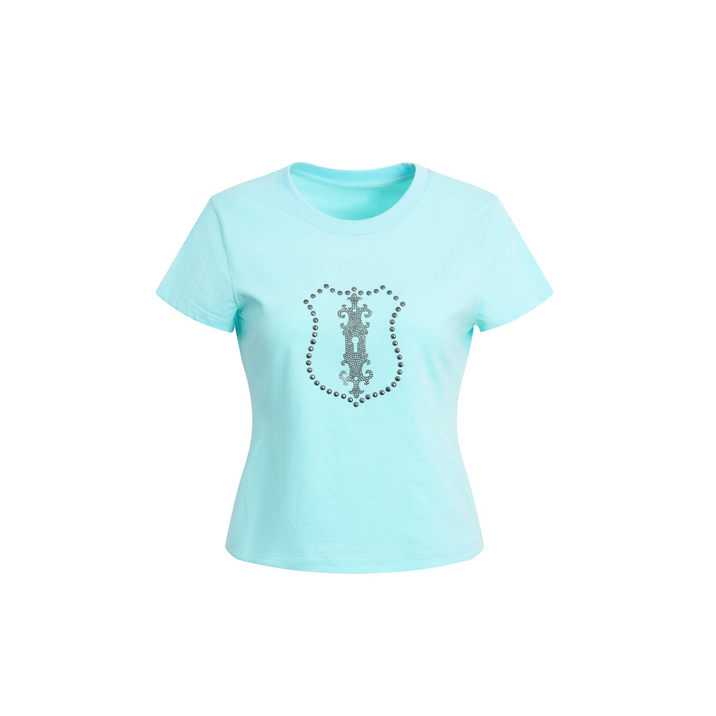 Cropped Hotfix Rhinestone Slim Fit Vintage Women'S Cotton Short Sleeve T-Shirts