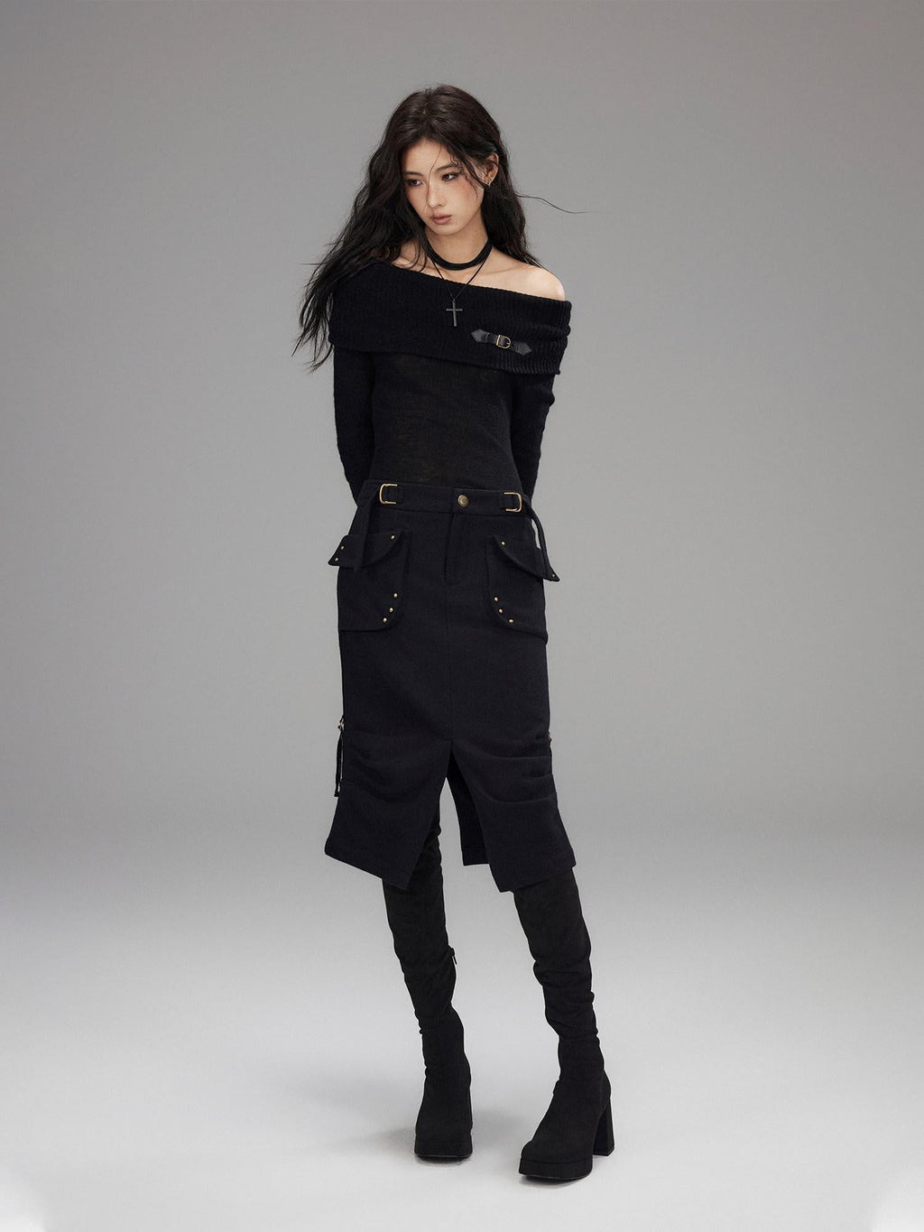 Wool Blend Low Rise Cargo Pockets Front Slit Hline Casual Black Midi Skirts