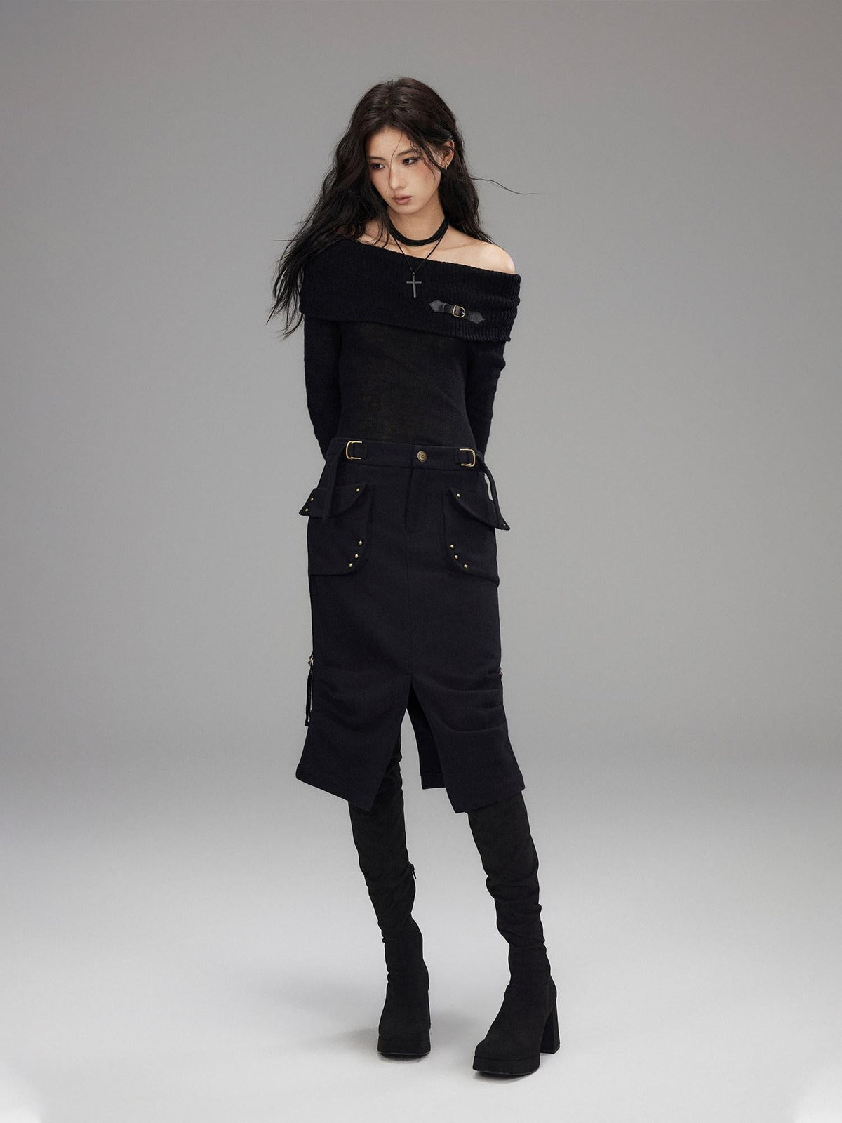 Wool Blend Low Rise Cargo Pockets Front Slit Hline Casual Black Midi Skirts