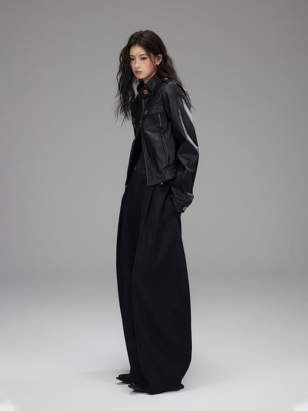 Black Wool Blend Low Rise Zipper Casual Straight Hem Women Wide Leg Pants