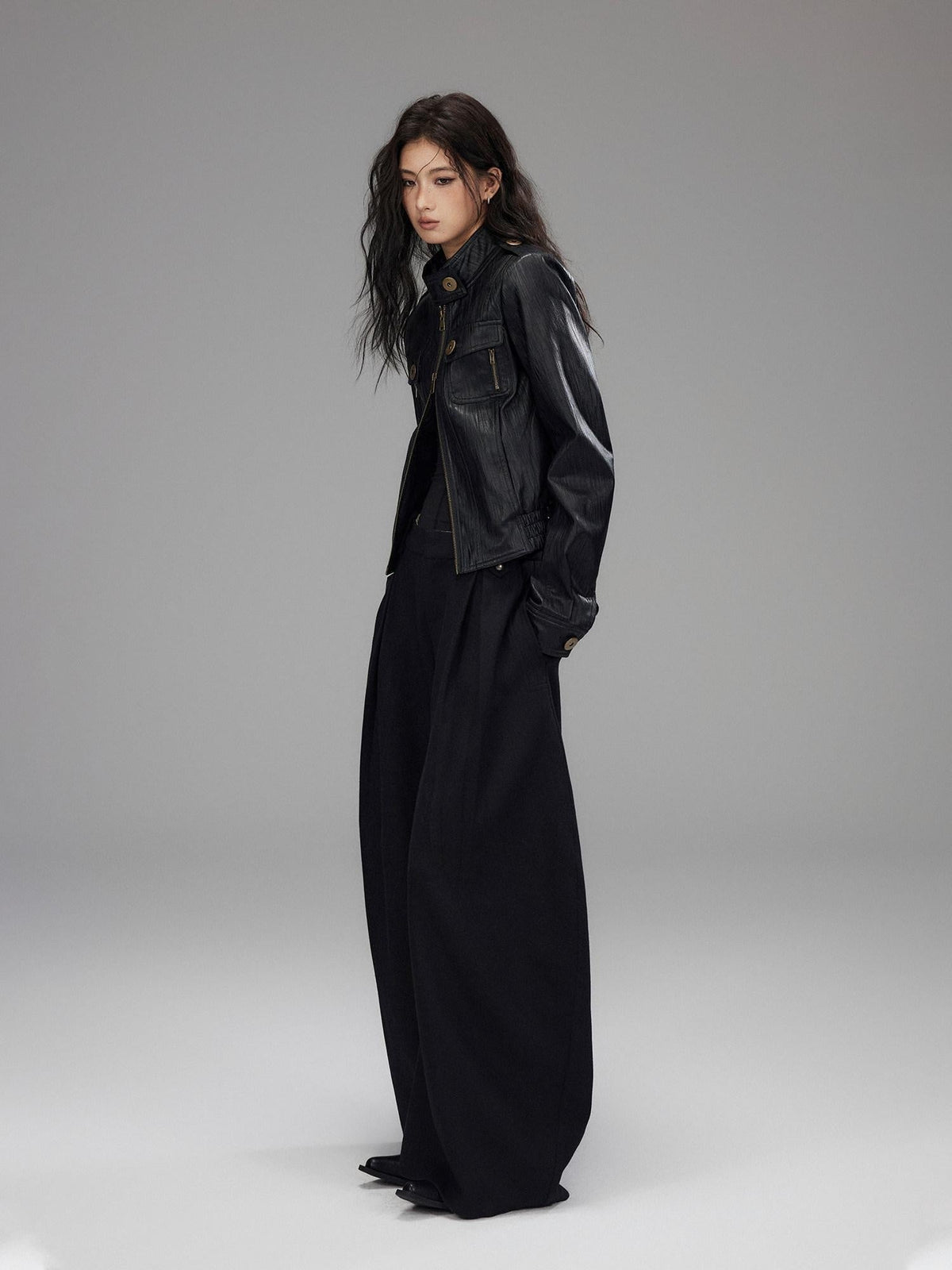 Black Wool Blend Low Rise Zipper Casual Straight Hem Women Wide Leg Pants