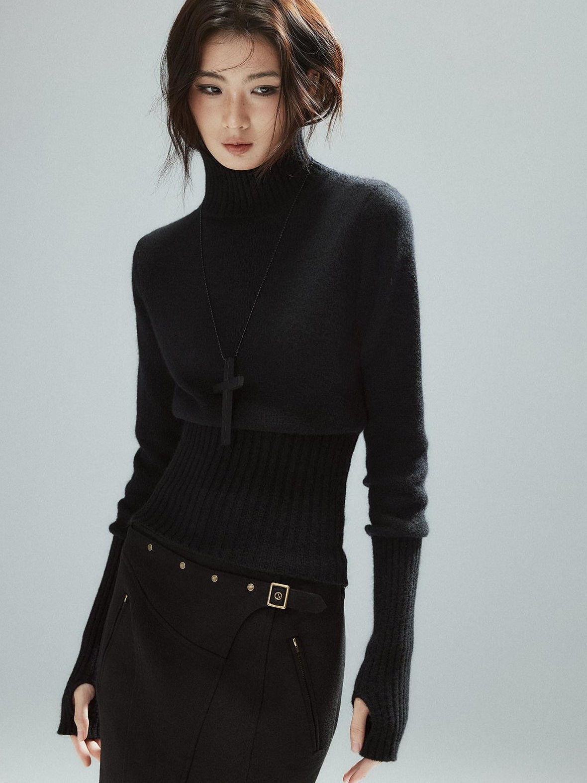 Soft Viscose Wool Blend Street Slim Patchwork Women High Neck Knit Sweaters