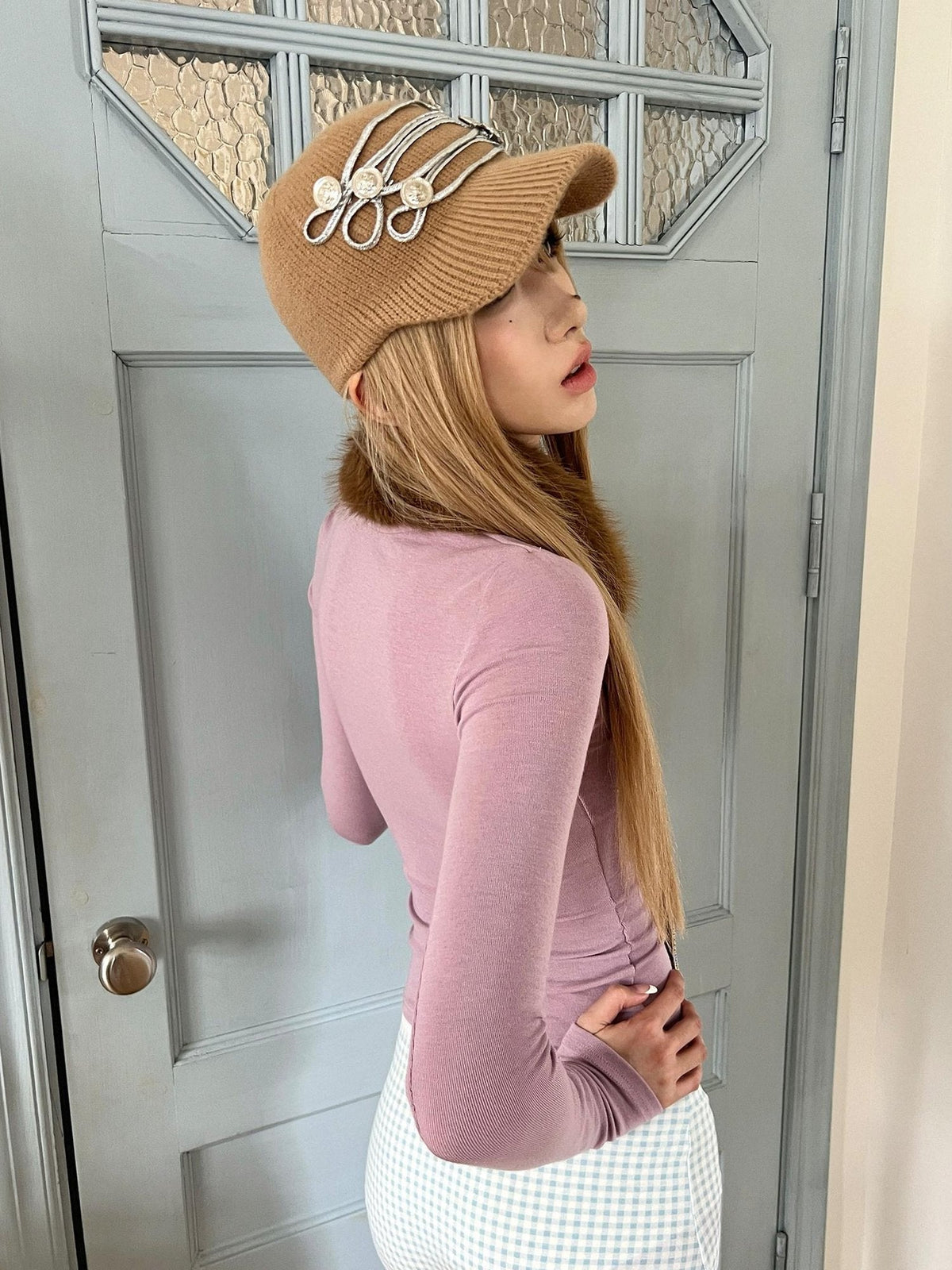 Cozy Thermal Knit Curved Brim Casual Unisex Large 58 To 60 Cm Blue Brown Caps