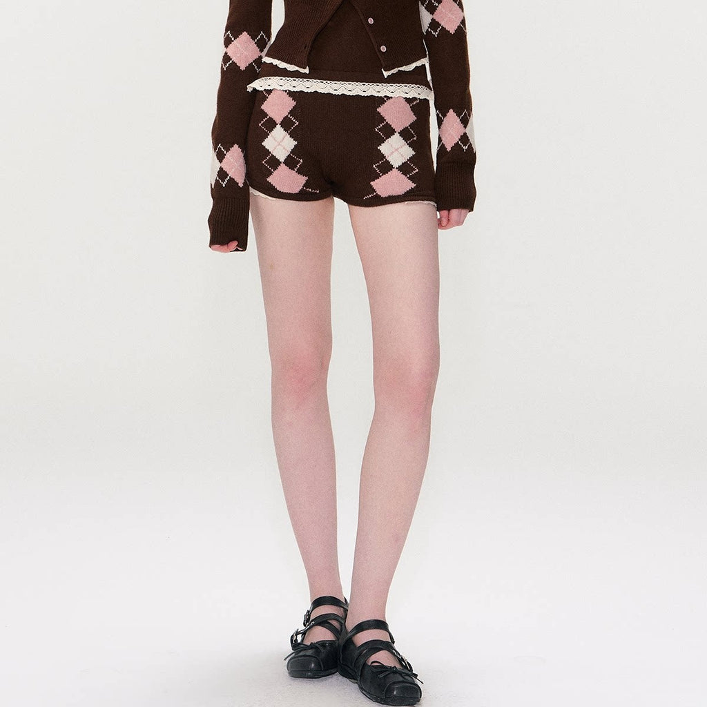 Cashmere Blend Sexy Argyle Button Cardigan Shorts Women Top & Shorts Sets