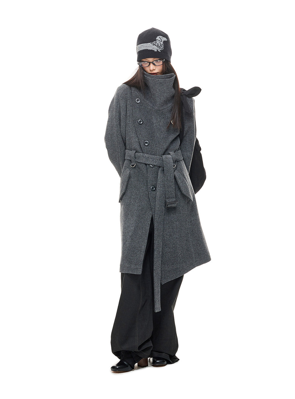 Gray Asymmetric Stand Collar Wool Coat