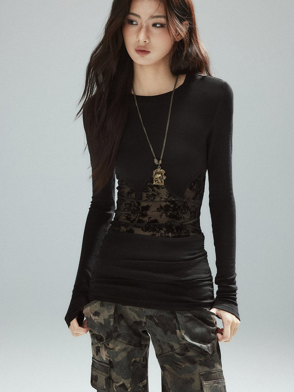 Asymmetrical Patchwork Slim Streetwear Black Lyocell Long Sleeve T-Shirts