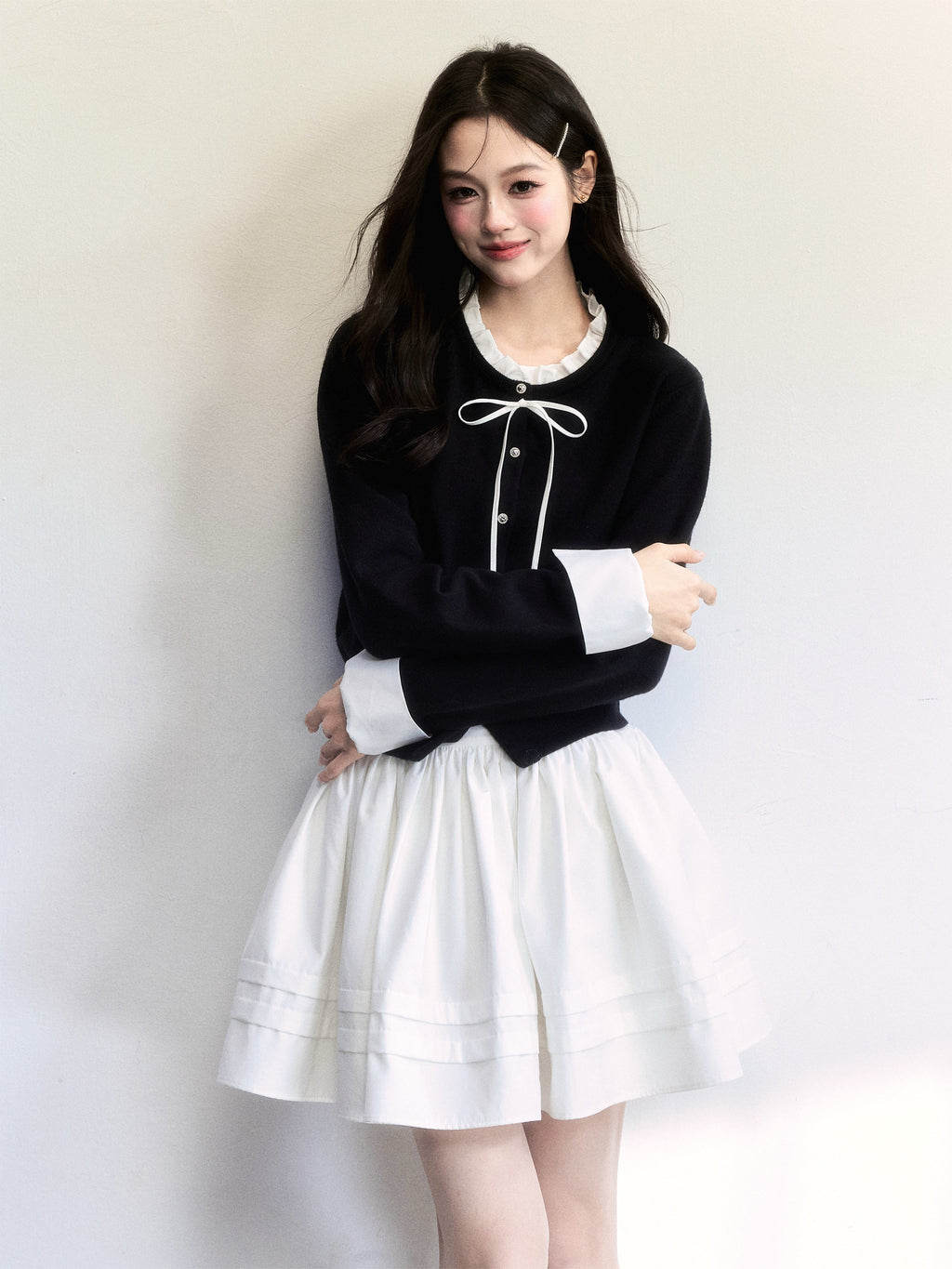 Cuffed Sleeve Ruffle Neck Cardigan & Skirt