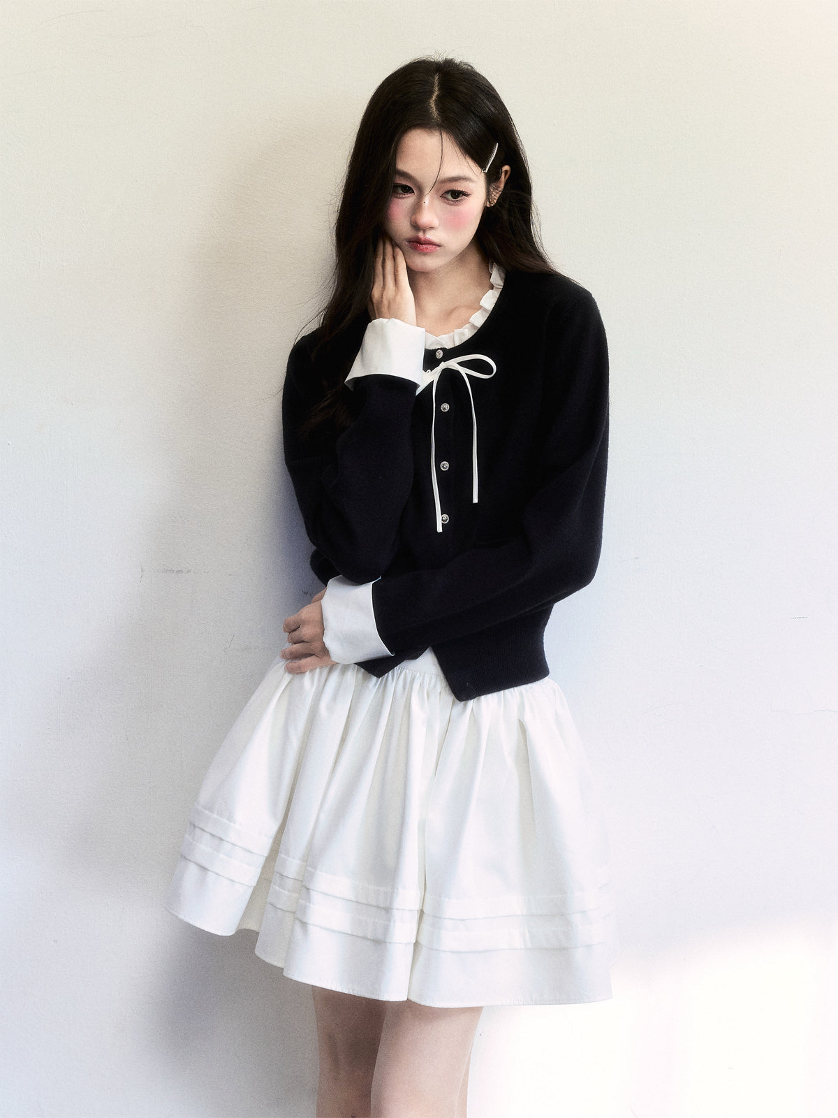 Cuffed Sleeve Ruffle Neck Cardigan & Skirt