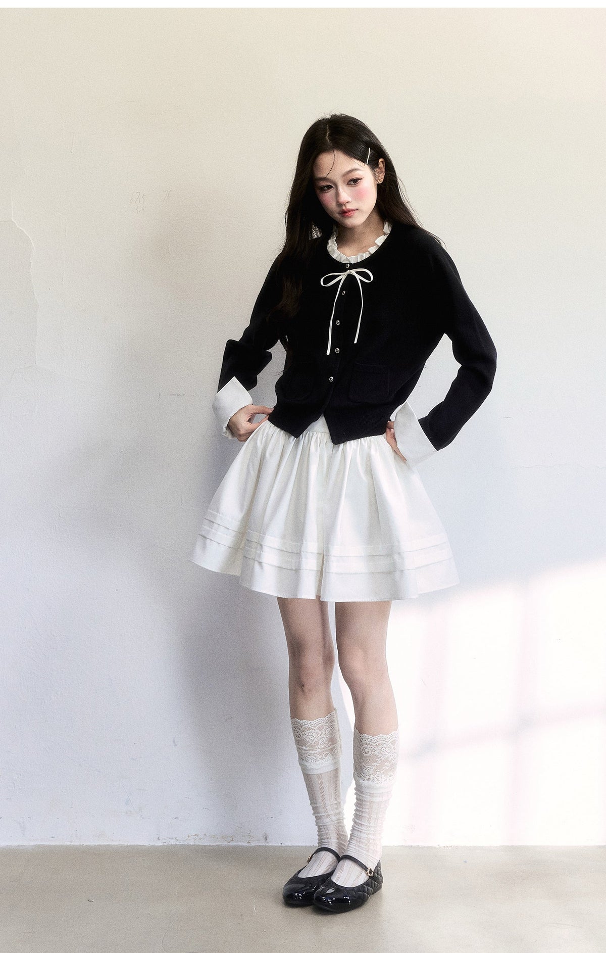 Cuffed Sleeve Ruffle Neck Cardigan & Skirt