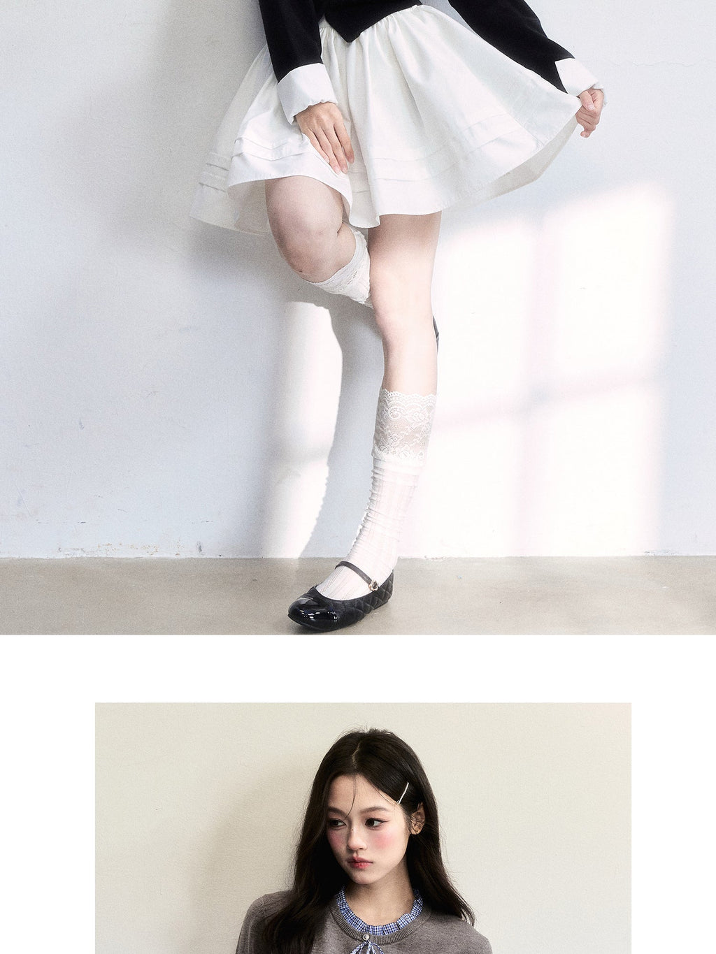 Cuffed Sleeve Ruffle Neck Cardigan & Skirt