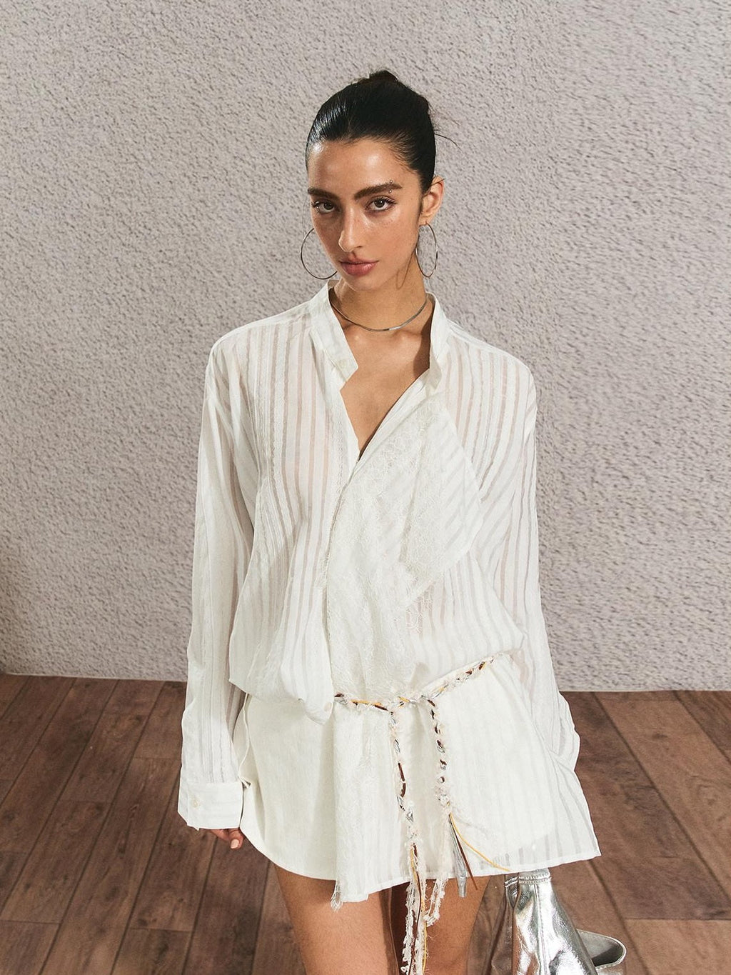Breathable French Slim Button Stripe Open Cardigan Waist Tie Women Shirts
