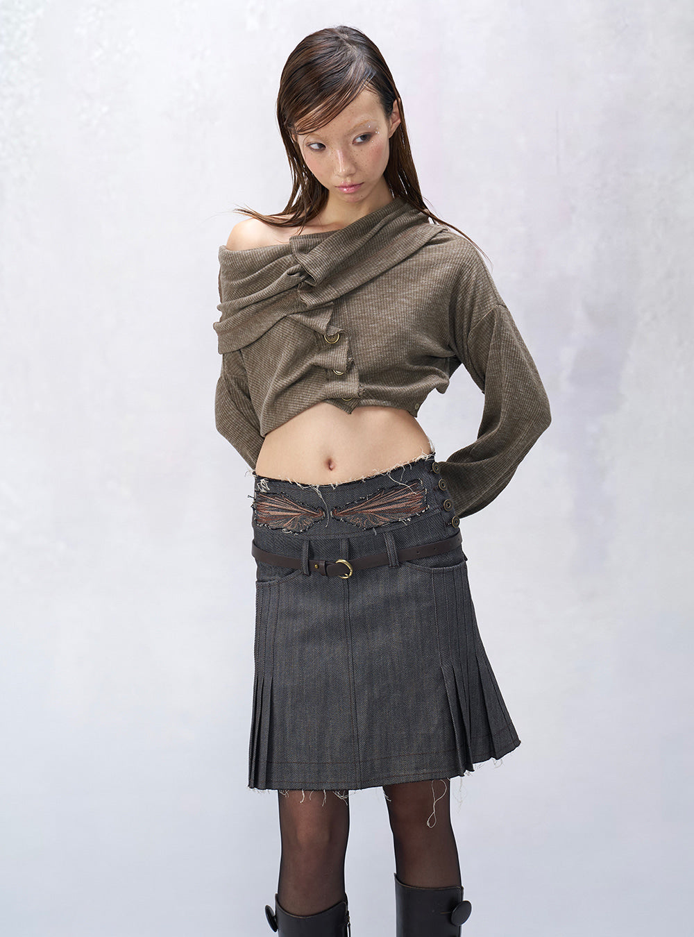 Washed Detail Pleated Midi Skirt