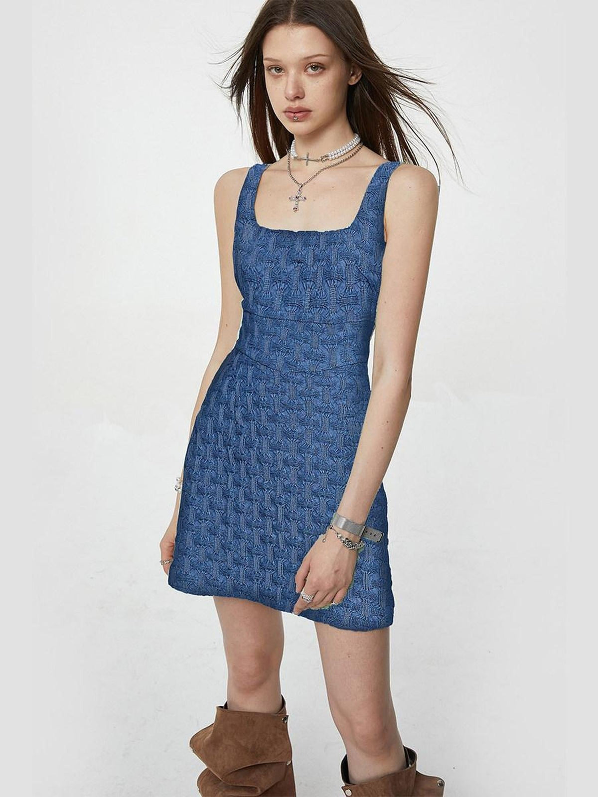 Embroidered High Waist Cotton A Line Square Neck Casual Women Blue Mini Dresses