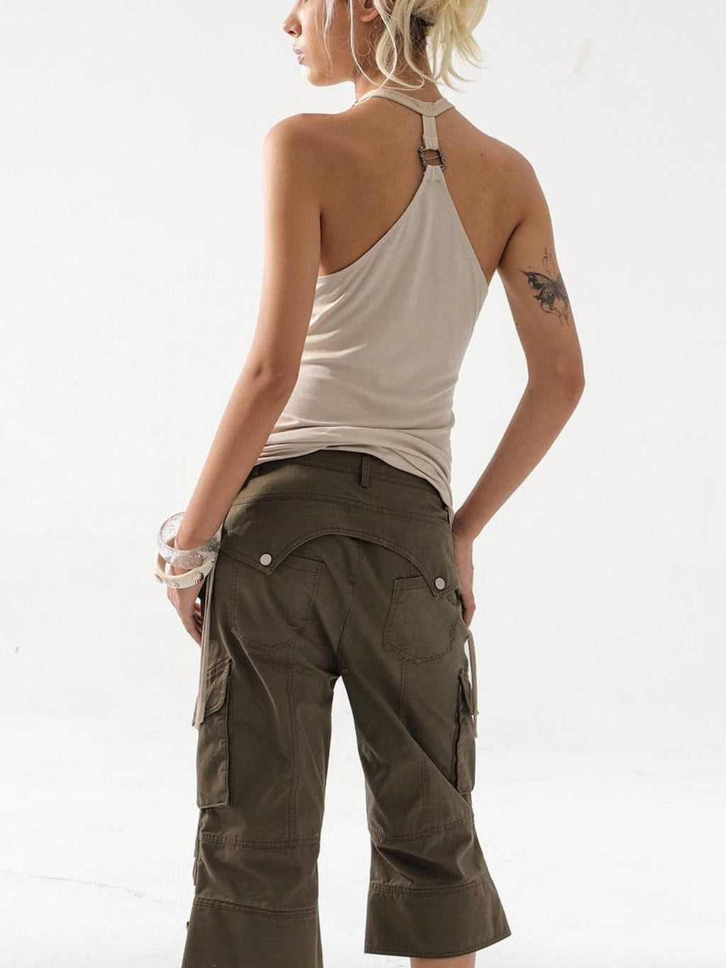 Vintage Biker Washed Cargo Women'S Cotton Flare Cropped Pants