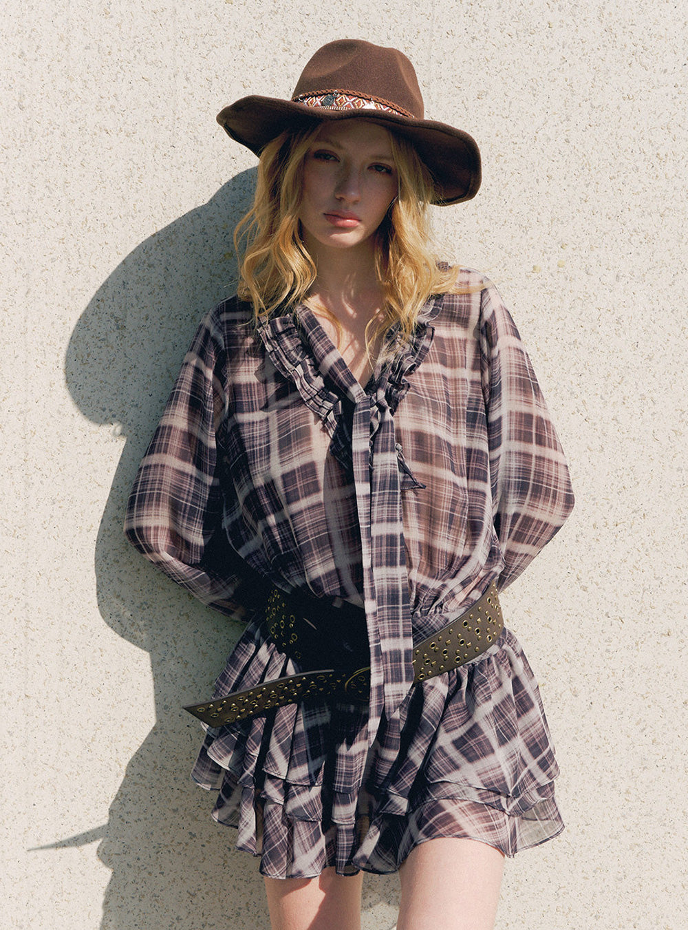 Phantom Plaid Ruffle Tie Mini Dress