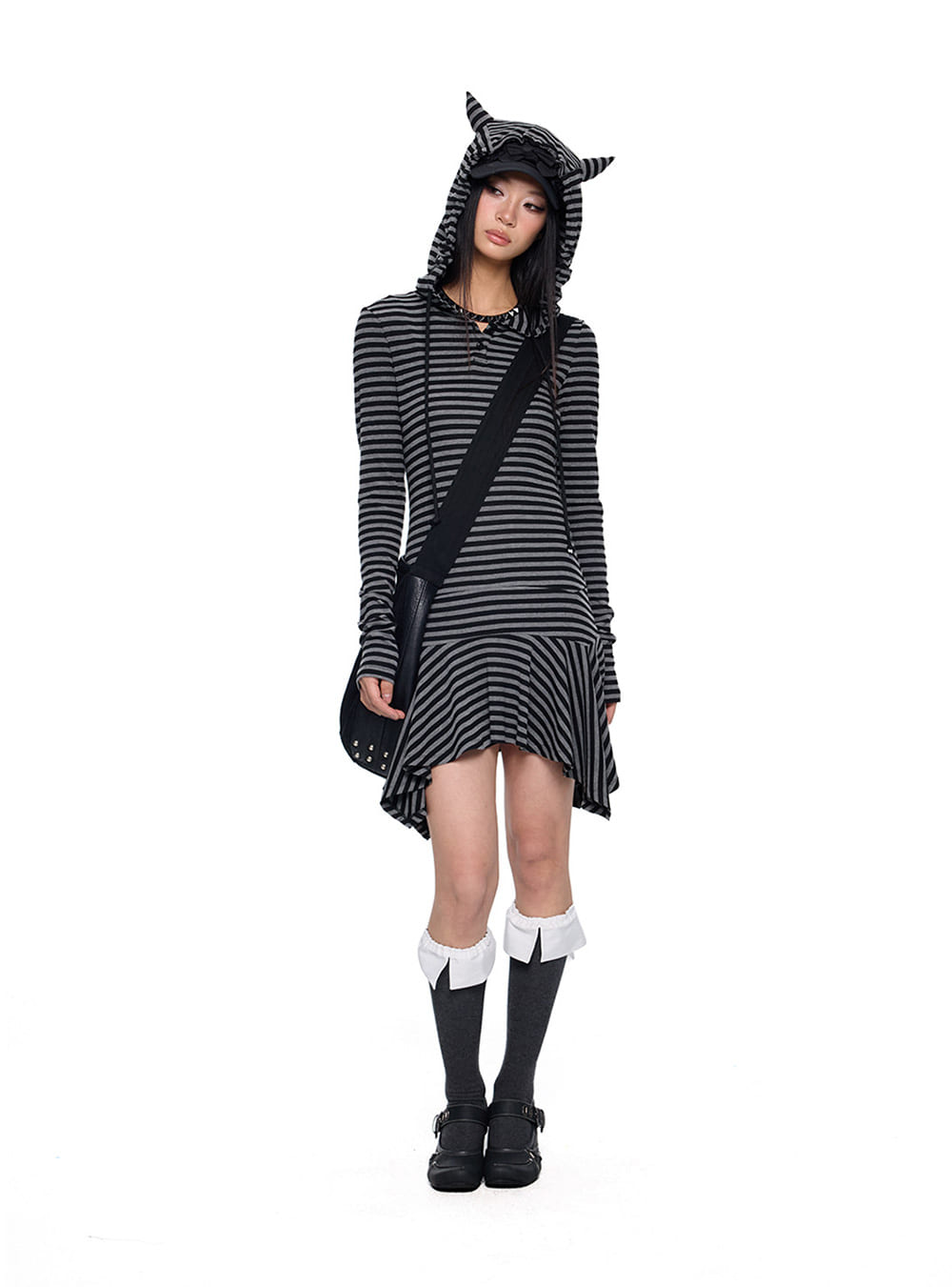Horned Hood Stripe Mini Dress (2color)