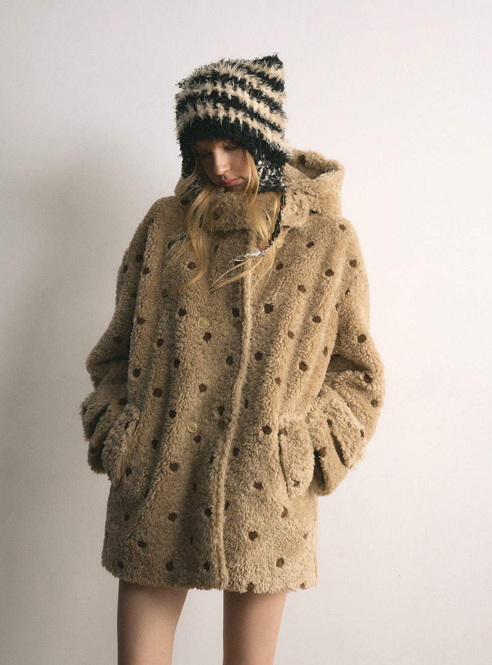 Brown Dot Fleece Hooded Coat
