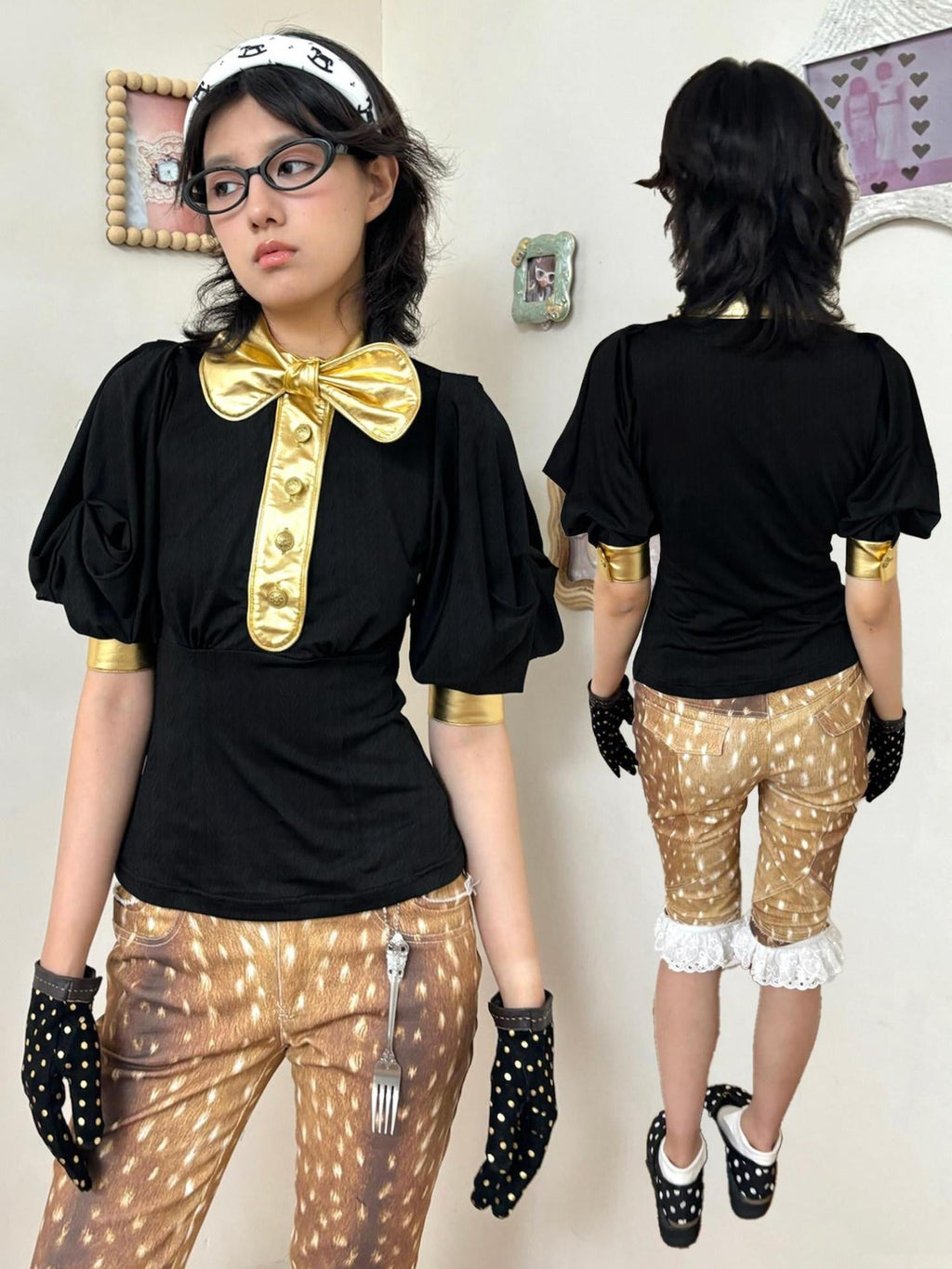 Slimming Cute Loose Folded Princess Short Sleeve Unisex Shape Retaining Blouses