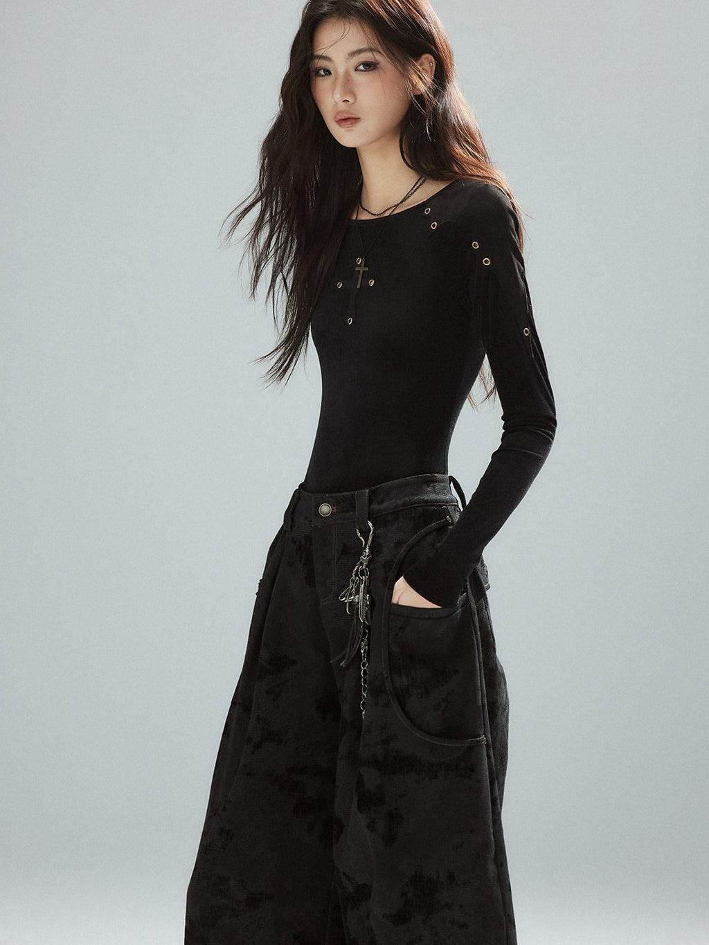 Slim Fit Patchwork Casual Crewneck Black Stretch Young Women Long Sleeve T-Shirts