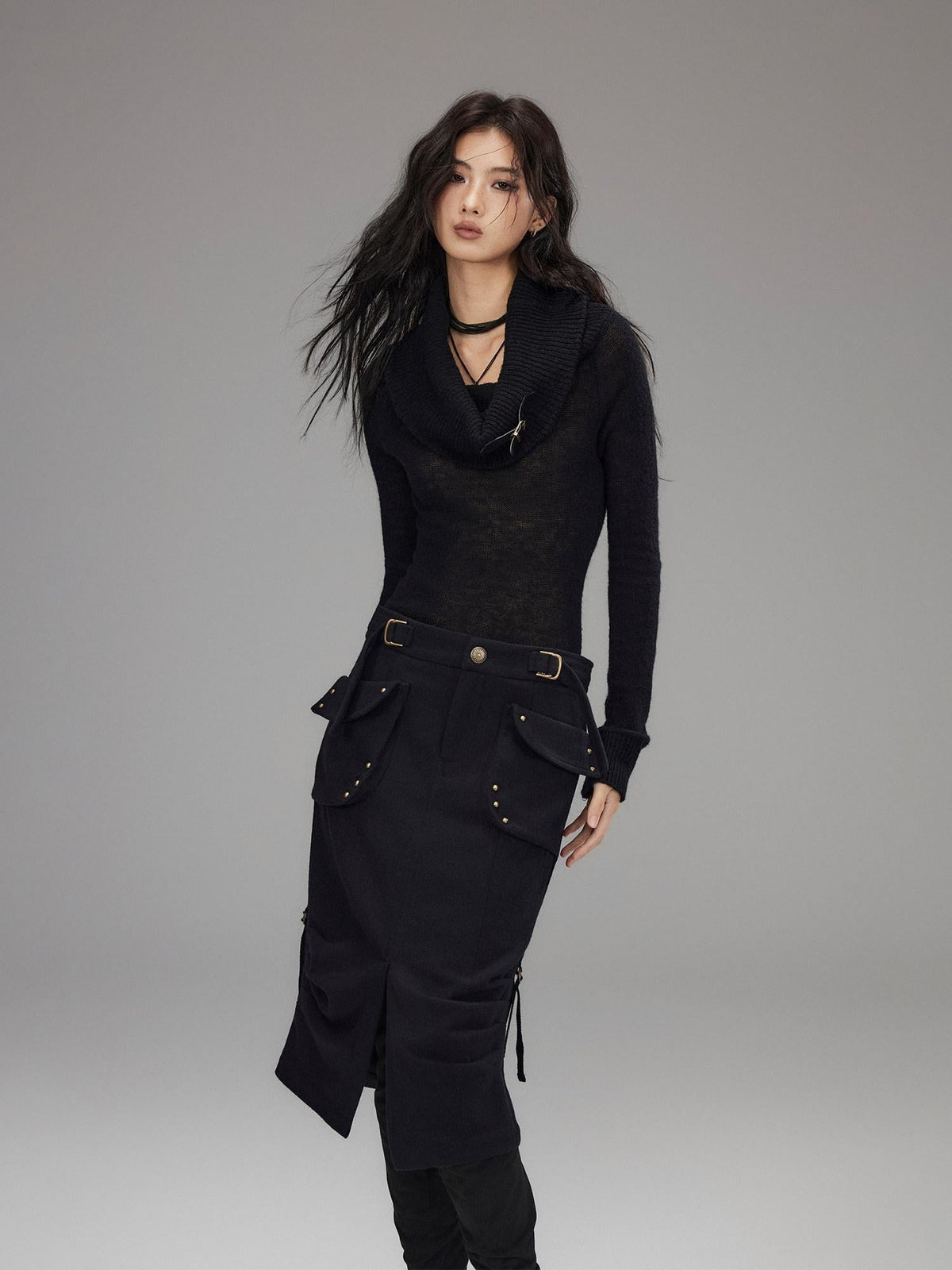 Wool Blend Low Rise Cargo Pockets Front Slit Hline Casual Black Midi Skirts