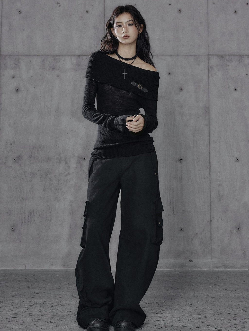 Washed Low Rise Wide Leg Utility Loose Fit Womens Black Cargo Pants