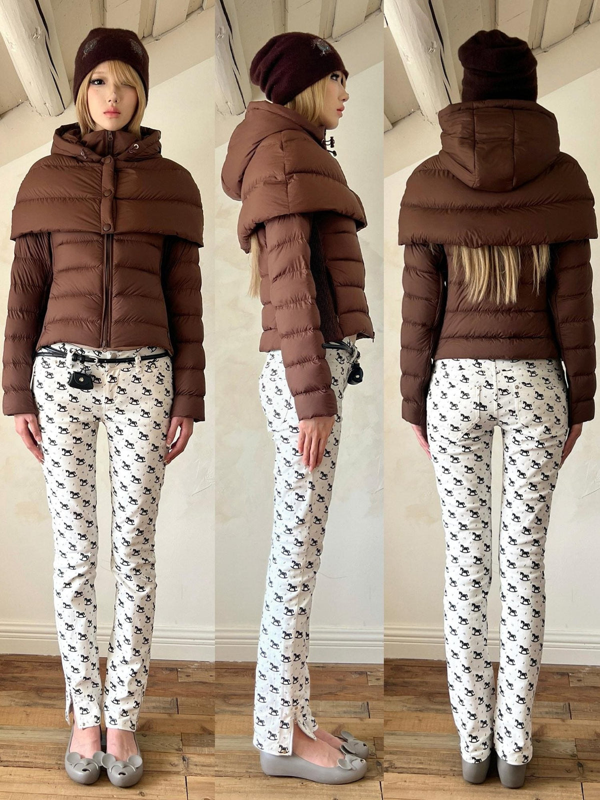 95% White Duck Down Detachable Hood Short Waterproof Polka Dot Down Jackets